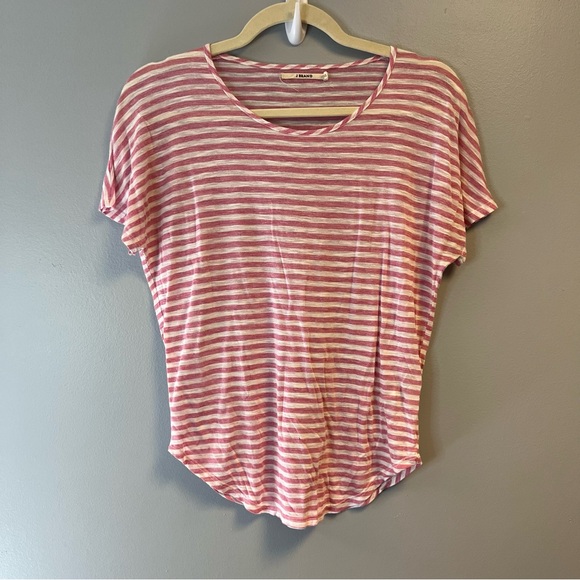 J Brand Tee Pink & White Striped Cap Sleeve Slub Tissue Tee Sz XS GUC Curved Hem - Picture 1 of 3